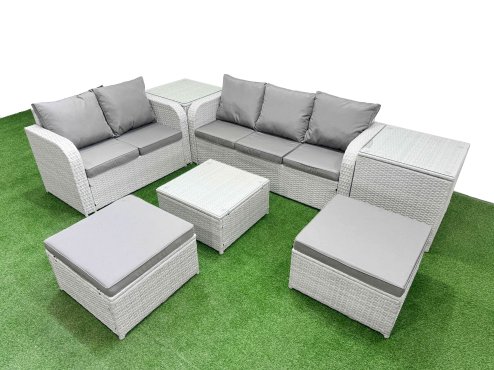 Fimous 7 Seater PE Rattan Wicker Garden Furniture Patio Conservatory Sofa Set with Square Coffee Table 3 Seater Sofa Love Sofa 2 Big Footstool 2 Side Table