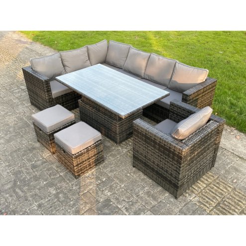 Fimous 9 Seats Dark Mixed Grey Rattan Garden Furniture Corner Sofa Set Adjustable Dining Or Coffee Table Chair Left Corner