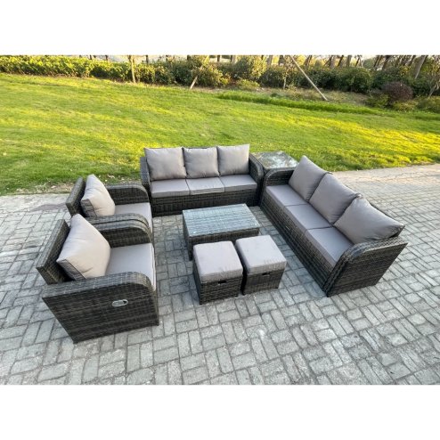 Fimous Rattan Outdoor Garden Furniture Sofa Set Patio Table & Chairs Set with 3 Seater Sofa Reclining Chair Side Table 2 Small Footstools Dark Grey Mixed