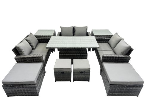 Fimous Outdoor Love Sofa Set 10 Seat Rattan Garden Furniture Set with Adjustable Lifting Dining or Coffee Table 2 Side Tables Dark Grey Mixed