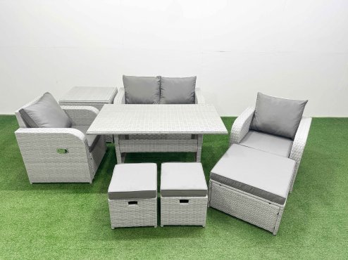 Fimous Light Grey PE Wicker Rattan Garden Furniture Set Sofa Set Reclining Chair Rectangular Dining Table 7 Seater 3 Stools Side Table