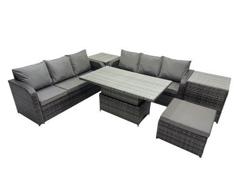 Fimous Rattan Garden Furniture Dining Set 7-seater Patio Height Adjustable Rising Lifting Table Sofa Set with 2 Side Table Dark Grey Mixed