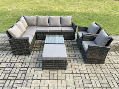 Fimous Rattan Garden Furniture Set Outdoor Lounge Corner Sofa Set With Square Coffee Table Big Footstool 2 Armchairs 9 Seater Dark Grey Mixed