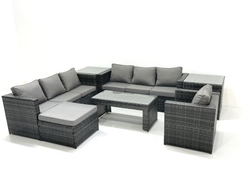 Fimous Rattan Garden Furniture Set Outdoor 8 Seater Patio Conversation Sets with Glass Top Coffee Table 2 Side Tables