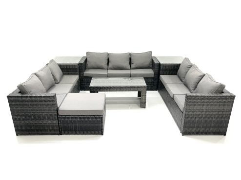 Fimous Outdoor Garden Furniture Set 10 Seater Rattan Sofa Set with Coffee Table Big Footstool 2 Side Tables Dark Grey Mixed