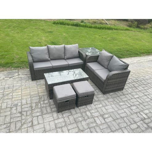 Fimous Outdoor Rattan Garden Furniture Set Patio Lounge Sofa Set with Rectangular Coffee Table Side Table 2 Small Footstools Dark Grey Mixed