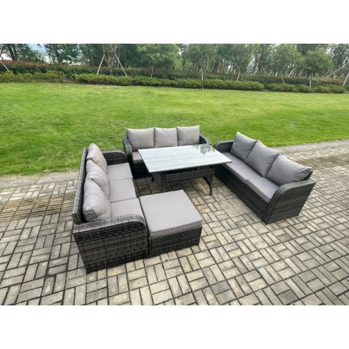 Fimous Patio Rattan Garden Furniture Set with Oblong Rectangular Dining Table Big Footstool 10 Seater Outdoor Lounge Sofa Set Dark Grey Mixed