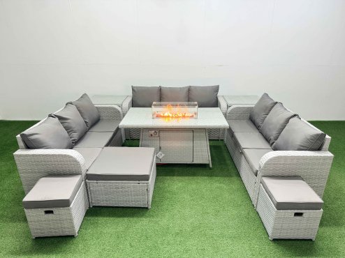 Fimous PE Rattan Lounge Sofa Set 12 Seater Outdoor Garden Furniture Set with Firepit Dining Table 3 Seater Sofa 3 Stools 2 Side Table Light Grey