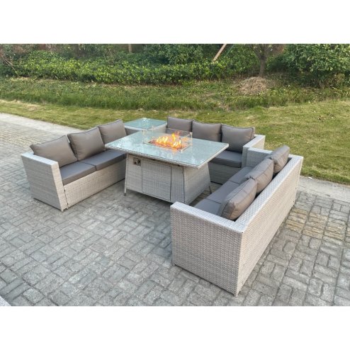 Fimous Light Grey U Shape Lounge Sofa Dining Set With Gas Heater Firepit Dining Table Set Burner With Extra Side Coffee Tea Table