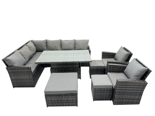 Fimous 11 Seat Poly Rattan Outdoor Patio Height Adjustable Rising Lifting Table Corner Sofa Set with 3 Stool 2 Chairs for Garden Backyard Dark Grey Mixed