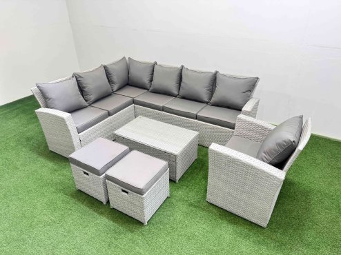 Fimous 9 Seater Garden Outdoor PE Rattan Furniture Set Rattan Garden Sofa Set with 2 Small Footstools Light Grey Mixed
