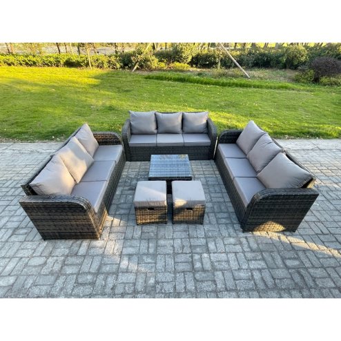 Fimous 11 Seater Rattan Outdoor Furniture Set Patio Garden Sofa Set with Square Coffee Table 3 Seater Sofa Dark Grey Mixed