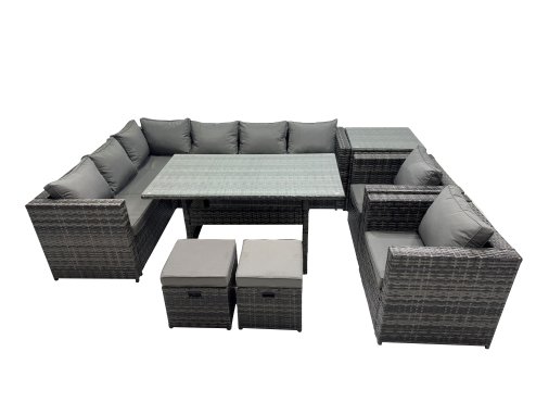 Fimous Outdoor PE Rattan Sofa Set with Dining Table Patio Garden Furniture Sets with 2 Small Stools Side Table Dark Grey Mixed