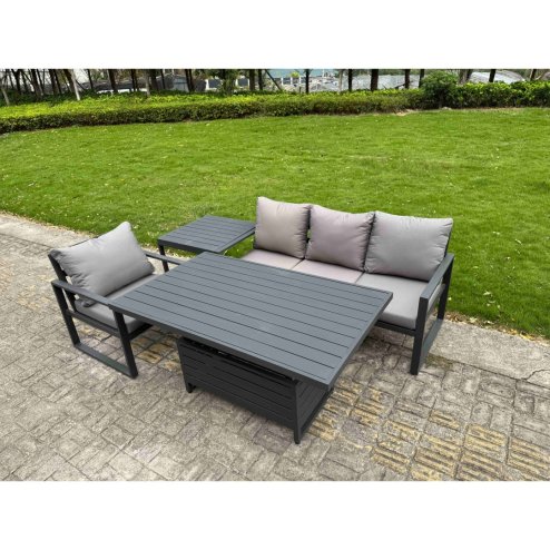 Fimous Aluminium Garden Furniture Set 3 Piece Aluminium Lounge Seating Adjustable Rising Lifting Dining Table Set with Cushions Dark Grey