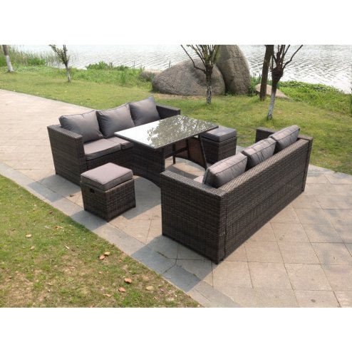 Fimous 8 Seater Lounge Rattan Sofa Set Dining Table Stools Outdoor Garden Furniture