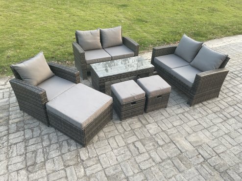 Fimous Outdoor Rattan Patio Furniture Set Garden Lounge Sofa Set with 3 Footstools Coffee Table Dark Grey Mixed