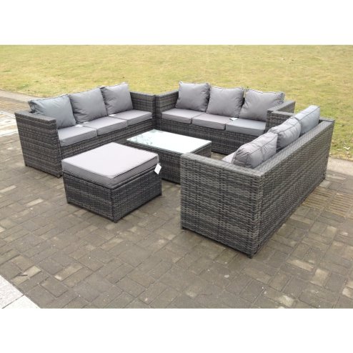 Fimous Outdoor Rattan Garden Furniture Lounge Sofa Set With Oblong Coffee Table With Big Footstool