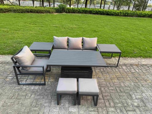 Fimous Aluminum Outdoor Dining Set Patio Dining Furniture Set Includes Adjustable Rising Lifting Dining Table Chairs with 2 Small Footstools Side Table