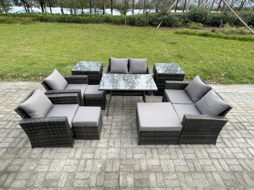 Fimous Garden Furniture Sets 10 Pieces Wicker Rattan Furniture Manual Wicker Patio Sofa Patio Conversation Set with 3 Footstools 2 Side Tables Dark Grey Mixed