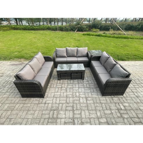 Fimous 11 Seater Outdoor Lounge Sofa Set Rattan Garden Furniture Set with Rectangular Coffee Table Side Table 2 Small Footstools 3 Seater Sofa Dark Grey Mixed