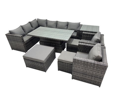 Fimous 11-seater Height Adjustable Rising Lifting Table Corner Sofa Set Rattan Garden Furniture Dining Set with 3 Stool Side Table Dark Grey Mixed
