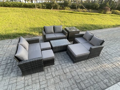 Fimous 8pc Rattan Sofa Garden Furniture Outdoor Patio Set with Side Table 3 Footstools Double Seat Sofa Dark Grey Mixed