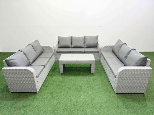 Fimous PE Rattan Lounge Sofa Set 9 Seater Outdoor Garden Furniture Set with Oblong Coffee Table 3 Seater Sofa Light Grey