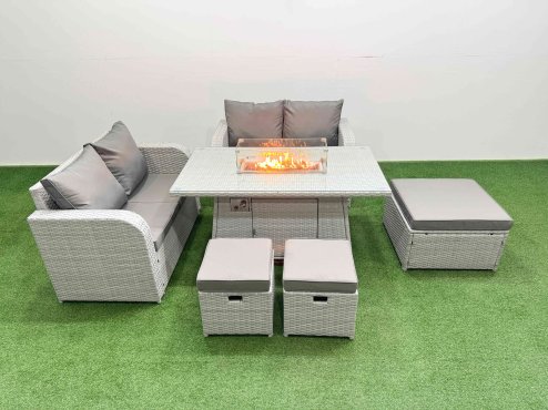 Fimous 7 Seater Outdoor Love Sofa Set Rattan Garden Furniture Set with Firepit Dining Table 3 Footstool Light Grey