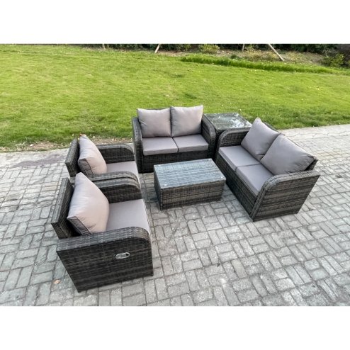 Fimous Rattan Garden Furniture Set 6 Seater Patio Outdoor Lounge Sofa Set with 2 Reclining Chairs Rectangular Coffee Table Side Table Dark Grey Mixed