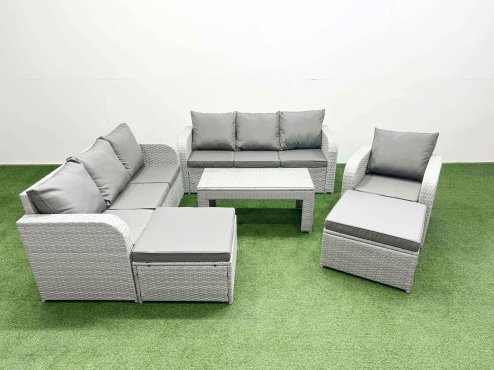 Fimous 9 Seater Poly Rattan Outdoor Garden Furniture Oblong Coffee Table Sofa Set Patio 3 Seater Sofa Reclining Chair 3 Seater Sofa 2 Big Footstools Light Grey Image