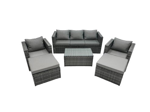 Fimous Rattan Garden Furniture Dining Set 7-seater Patio Coffee Table Sofa Set with 2 Armchair 2 Big Footstools Dark Grey Mixed