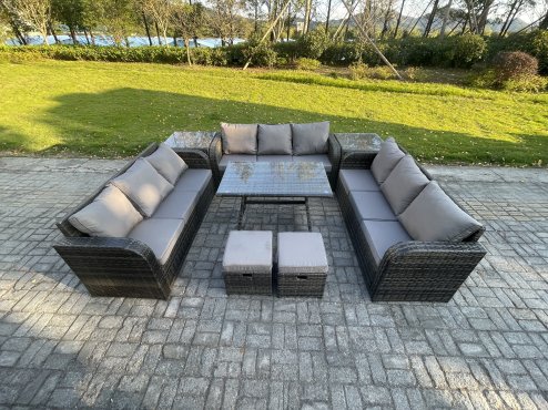 Fimous Rattan Garden Furniture Set 11 Seater Patio Outdoor Lounge Sofa Set with 2 Side Tables Rectangular Dining Table 2 Small Footstools Dark Grey Mixed