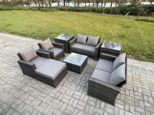 Fimous Rattan Garden Furniture Set Patio Outdoor Lounge Sofa Set with Square Coffee Table Double Seat Sofa 2 Side Tables Big Footstool Dark Grey Mixed