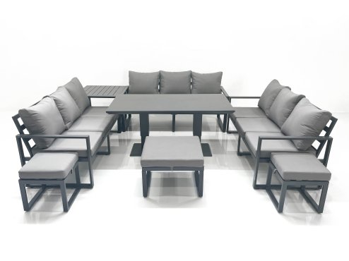 Fimous 12 Seater Garden Sofa Set Aluminium Furniture Rising Dining Tabe Set with Side Table 3 Footstools Dark Grey