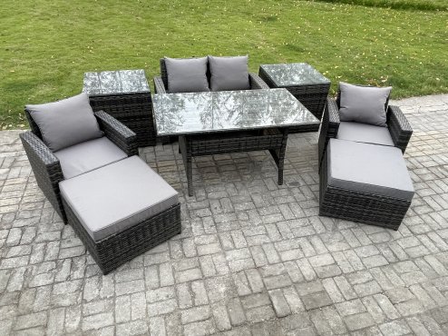 Fimous Outdoor Lounge Sofa Garden Furniture Set Rattan Rectangular Dining Table with Double Seat Sofa Armchair 2 Big Footstool 2 Side Tables 6 Seater Dark Grey Mixed