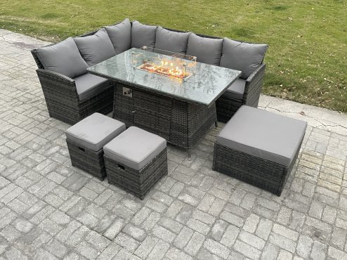 Fimous Rattan Garden Furniture High Back Corner Sofa Gas Fire Pit Dining Table Sets Gas Heater with 3 Footstools 9 Seater Dark Grey Mixed