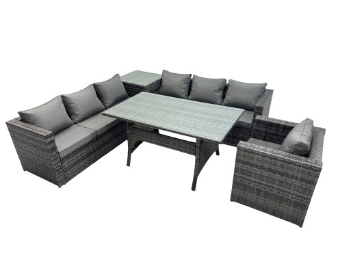 Fimous 7 Seater Outdoor Corner Sofa Chair Dining Table Set Garden Rattan Furniture Set with Side Table Dark Grey