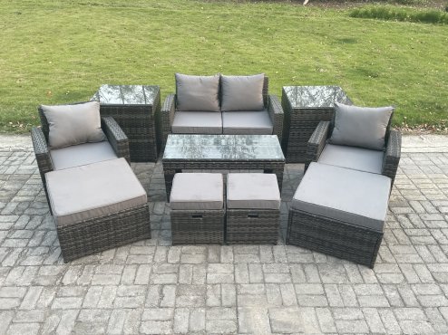 Fimous High Back Rattan Garden Furniture Sofa Sets with Rectangular Coffee Table 2 Side Tables Armchair 2 Big Footstool 2 Small Footstools Dark Grey Mixed