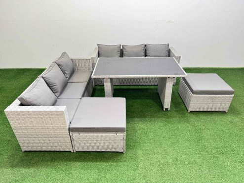 Fimous Rattan Garden Furniture Dining Set 8-seater Patio Rectangular Table Sofa Set with 2 Big Stools Light Grey