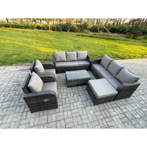 Fimous Rattan Outdoor Garden Furniture Sofa Set Patio Table & Chairs Set with 3 Seater Sofa Reclining Chair Big Footstool Dark Grey Mixed