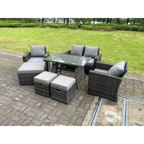 Fimous 7 Seater Dark Grey Mixed High Back Rattan Sofa Set Dining Table Garden Furniture Outdoor