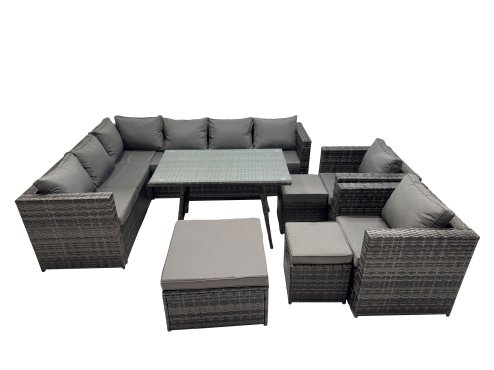 Fimous 11-seater Outdoor PE Rattan Sofa Set with Dining Table Patio Garden Furniture Sets with 2 Chair 3 Stools Dark Grey Mixed