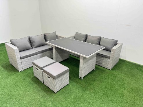 Fimous Rattan Garden Furniture Dining Set 8-seater Patio Rectangular Table Sofa Set with 2 Small Stools Light Grey