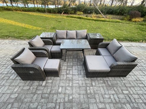 Fimous Outdoor Rattan Garden Furniture Set 10 Seater Patio Lounge Sofa Set with Dining Table 3 Footstools 2 Side Tables Dark Grey Mixed