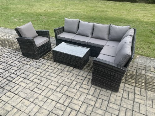 Fimous Rattan Garden Furniture Corner Sofa Set 4 Pieces Outdoor Patio Sofa Chair Table Set with Rectangular Coffee Table Dark Grey Mixed