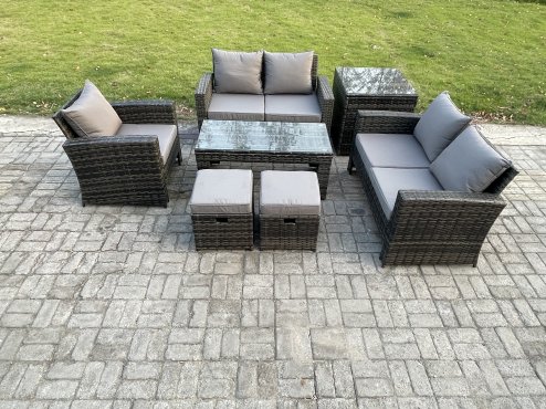Fimous 7pcs Rattan Outdoor Garden Furniture Sofa Set with Coffee Table Side Table 2 Small Footstools Dark Grey Mixed