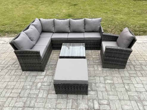 Fimous 8 Seater Outdoor Garden Furniture Set Wicker PE Rattan Corner Sofa Set with Square Coffee Table Big Footstool Armchair Dark Grey Mixed