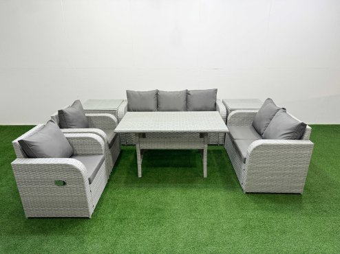 Fimous PE Rattan Garden Furniture Set Reclining Chair Sofa Double Love Seat 2 Seater Sofa Lounge Set Rectangular Dining Table 2 Side Table Light Grey