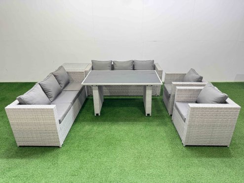 Fimous 8 Seater Wicker PE Rattan Furniture Outdoor Dining Table 3 Seater Sofa Armchair Set with Side Table Light Grey