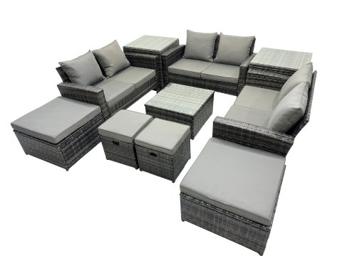 Fimous PE Rattan Garden Furniture Set Lounge Double Seat Sofa Coffee Table Set with 2 Side Tables 4 Stools Dark Grey Mixed